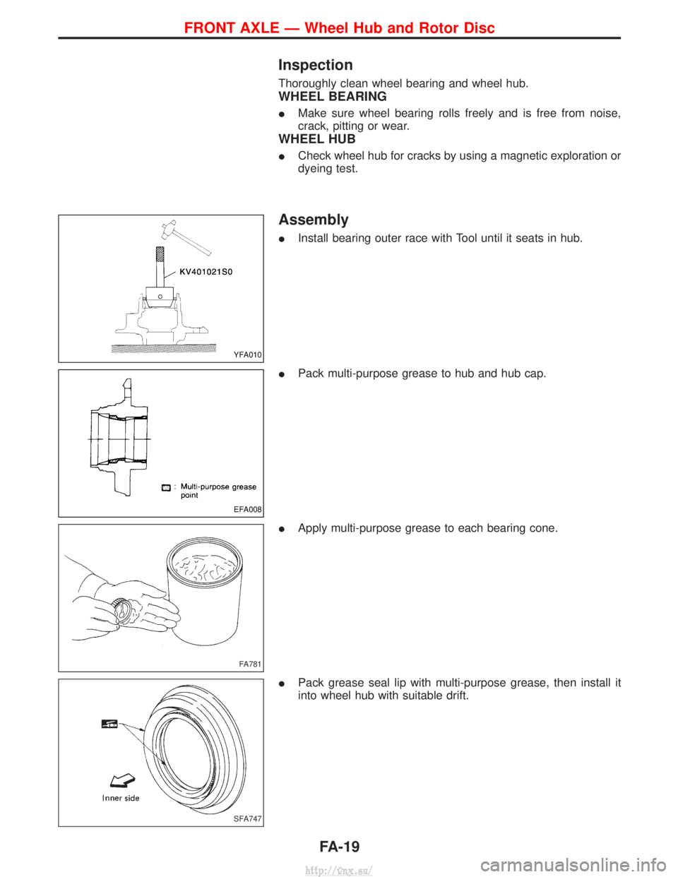 NISSAN TERRANO 2004 Service Repair Manual Inspection
Thoroughly clean wheel bearing and wheel hub.
WHEEL BEARING
IMake sure wheel bearing rolls freely and is free from noise,
crack, pitting or wear.
WHEEL HUB
ICheck wheel hub for cracks by us NISSAN TERRANO 2004 Service Repair Manual Inspection
Thoroughly clean wheel bearing and wheel hub.
WHEEL BEARING
IMake sure wheel bearing rolls freely and is free from noise,
crack, pitting or wear.
WHEEL HUB
ICheck wheel hub for cracks by us