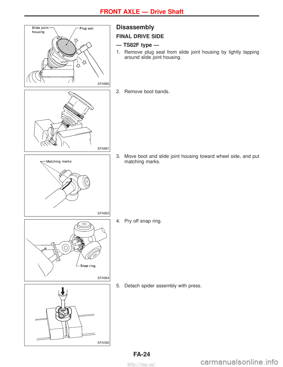 NISSAN TERRANO 2004  Service Repair Manual Disassembly
FINAL DRIVE SIDE
Ð TS82F type Ð
1. Remove plug seal from slide joint housing by lightly tappingaround slide joint housing.
2. Remove boot bands.
3. Move boot and slide joint housing towa