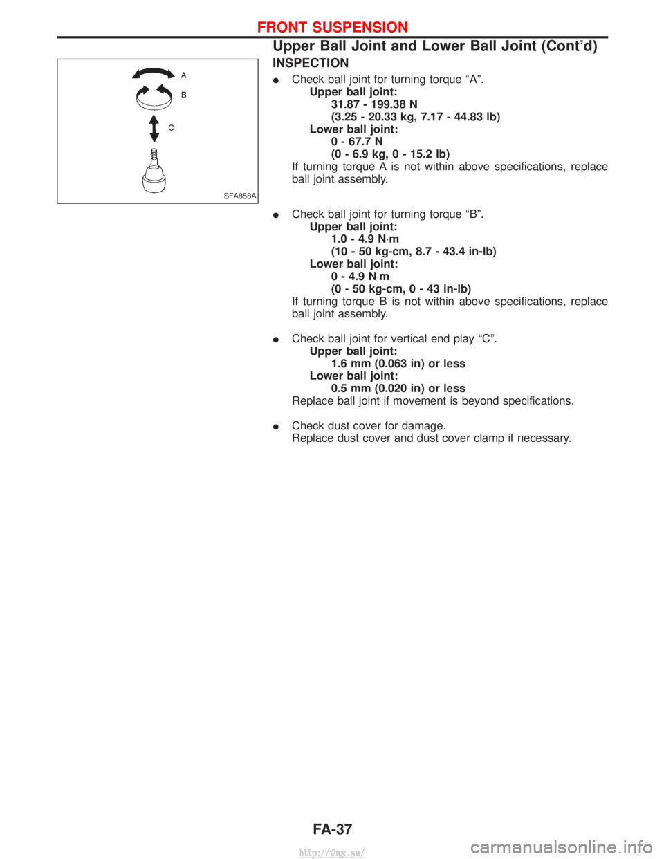 NISSAN TERRANO 2004  Service Repair Manual INSPECTION
ICheck ball joint for turning torque ªAº.
Upper ball joint: 31.87 - 199.38 N
(3.25 - 20.33 kg, 7.17 - 44.83 lb)
Lower ball joint: 0 - 67.7 N
(0 - 6.9 kg, 0 - 15.2 lb)
If turning torque A 