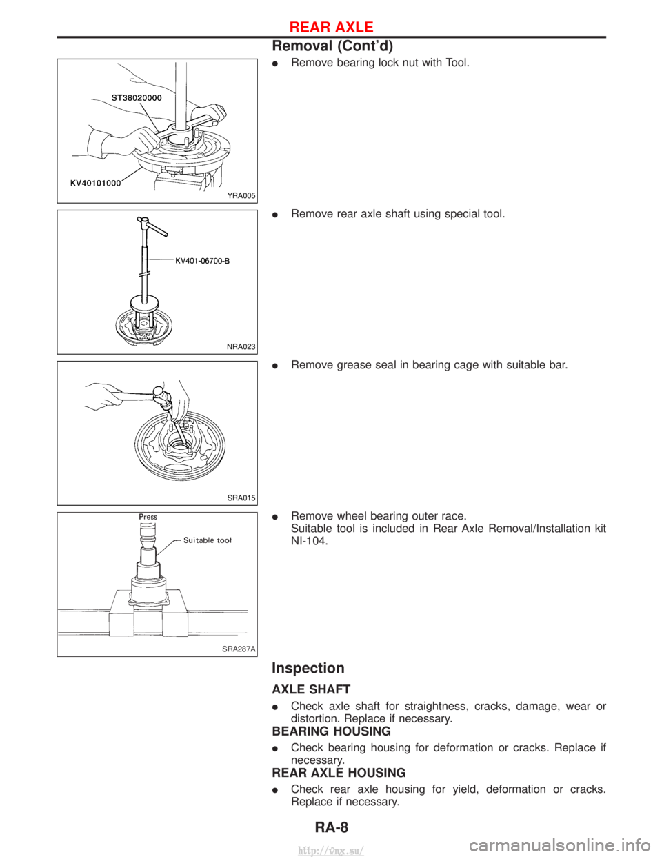 NISSAN TERRANO 2004  Service Repair Manual IRemove bearing lock nut with Tool.
I Remove rear axle shaft using special tool.
I Remove grease seal in bearing cage with suitable bar.
I Remove wheel bearing outer race.
Suitable tool is included in