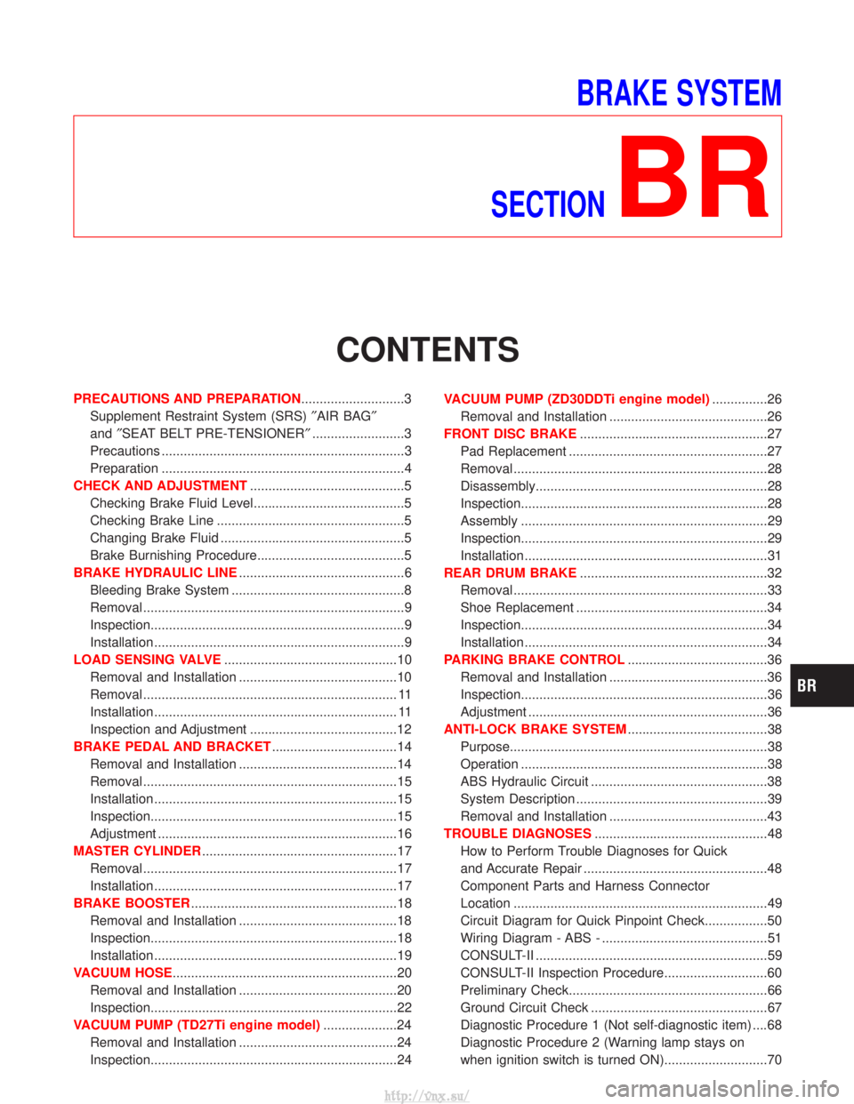 NISSAN TERRANO 2004 Service Repair Manual BRAKE SYSTEM
SECTION
BR
CONTENTS
PRECAUTIONS AND PREPARATION ............................3
Supplement Restraint System (SRS) ²AIR BAG²
and ²SEAT BELT PRE-TENSIONER² .........................3
Prec NISSAN TERRANO 2004 Service Repair Manual BRAKE SYSTEM
SECTION
BR
CONTENTS
PRECAUTIONS AND PREPARATION ............................3
Supplement Restraint System (SRS) ²AIR BAG²
and ²SEAT BELT PRE-TENSIONER² .........................3
Prec
