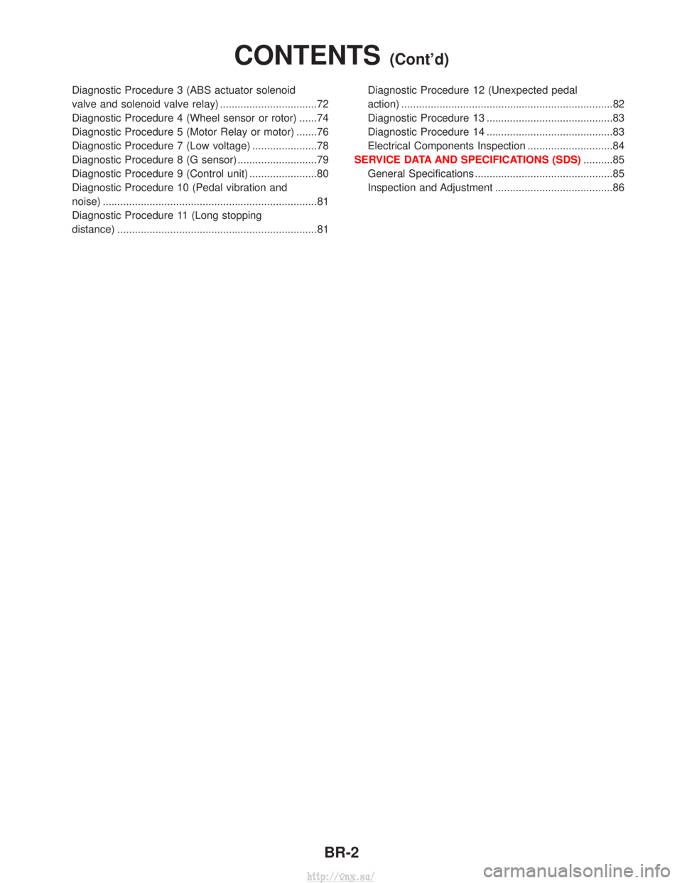 NISSAN TERRANO 2004 Service Repair Manual Diagnostic Procedure 3 (ABS actuator solenoid
valve and solenoid valve relay) .................................72
Diagnostic Procedure 4 (Wheel sensor or rotor) ......74
Diagnostic Procedure 5 (Motor NISSAN TERRANO 2004 Service Repair Manual Diagnostic Procedure 3 (ABS actuator solenoid
valve and solenoid valve relay) .................................72
Diagnostic Procedure 4 (Wheel sensor or rotor) ......74
Diagnostic Procedure 5 (Motor