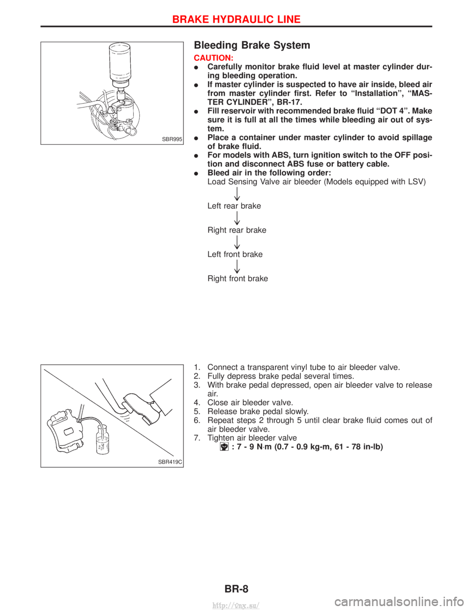 NISSAN TERRANO 2004 Service Repair Manual Bleeding Brake System
CAUTION:
ICarefully monitor brake fluid level at master cylinder dur-
ing bleeding operation.
I If master cylinder is suspected to have air inside, bleed air
from master cylinder NISSAN TERRANO 2004 Service Repair Manual Bleeding Brake System
CAUTION:
ICarefully monitor brake fluid level at master cylinder dur-
ing bleeding operation.
I If master cylinder is suspected to have air inside, bleed air
from master cylinder