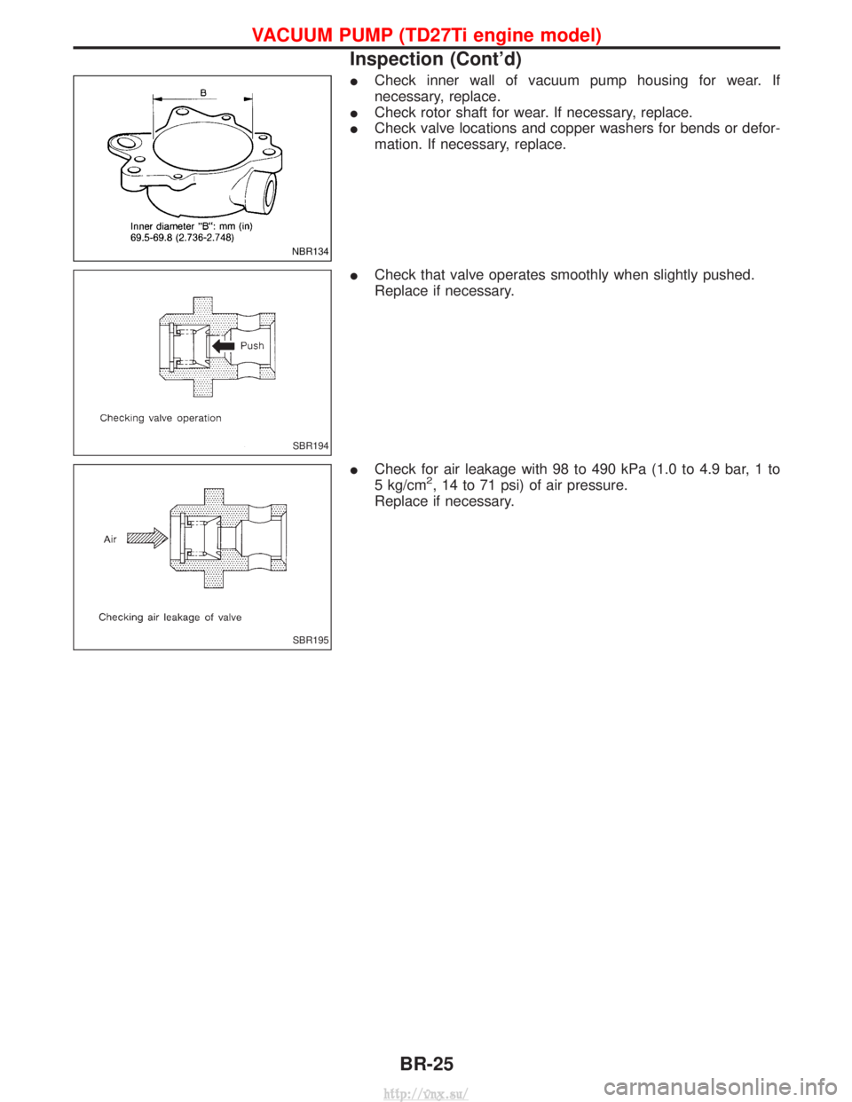 NISSAN TERRANO 2004  Service Repair Manual ICheck inner wall of vacuum pump housing for wear. If
necessary, replace.
I Check rotor shaft for wear. If necessary, replace.
I Check valve locations and copper washers for bends or defor-
mation. If
