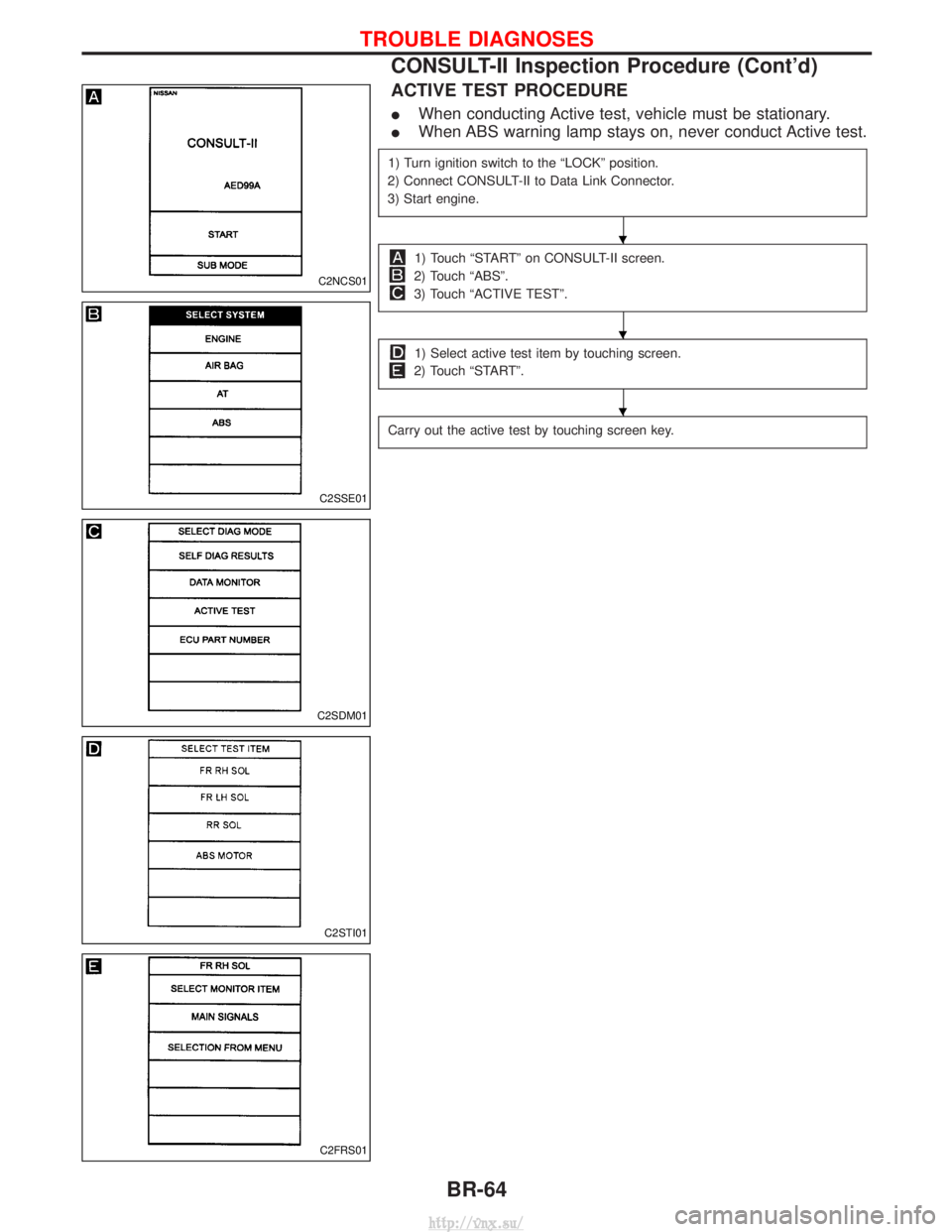 NISSAN TERRANO 2004 Service Repair Manual ACTIVE TEST PROCEDURE
IWhen conducting Active test, vehicle must be stationary.
I When ABS warning lamp stays on, never conduct Active test.
1) Turn ignition switch to the ªLOCKº position.
2) Connec NISSAN TERRANO 2004 Service Repair Manual ACTIVE TEST PROCEDURE
IWhen conducting Active test, vehicle must be stationary.
I When ABS warning lamp stays on, never conduct Active test.
1) Turn ignition switch to the ªLOCKº position.
2) Connec