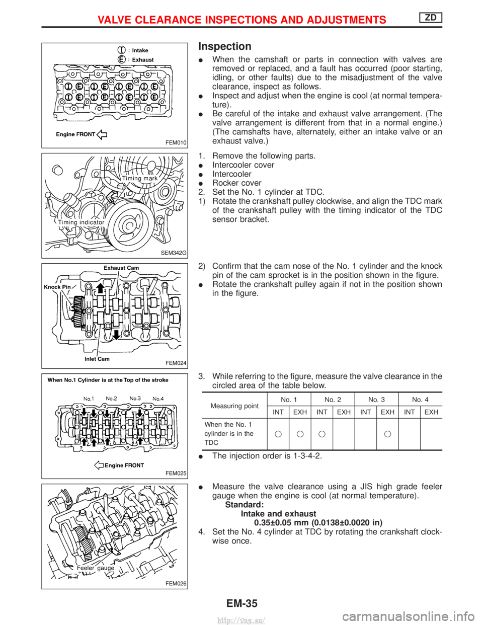 NISSAN TERRANO 2004 Service Repair Manual Inspection
IWhen the camshaft or parts in connection with valves are
removed or replaced, and a fault has occurred (poor starting,
idling, or other faults) due to the misadjustment of the valve
cleara NISSAN TERRANO 2004 Service Repair Manual Inspection
IWhen the camshaft or parts in connection with valves are
removed or replaced, and a fault has occurred (poor starting,
idling, or other faults) due to the misadjustment of the valve
cleara