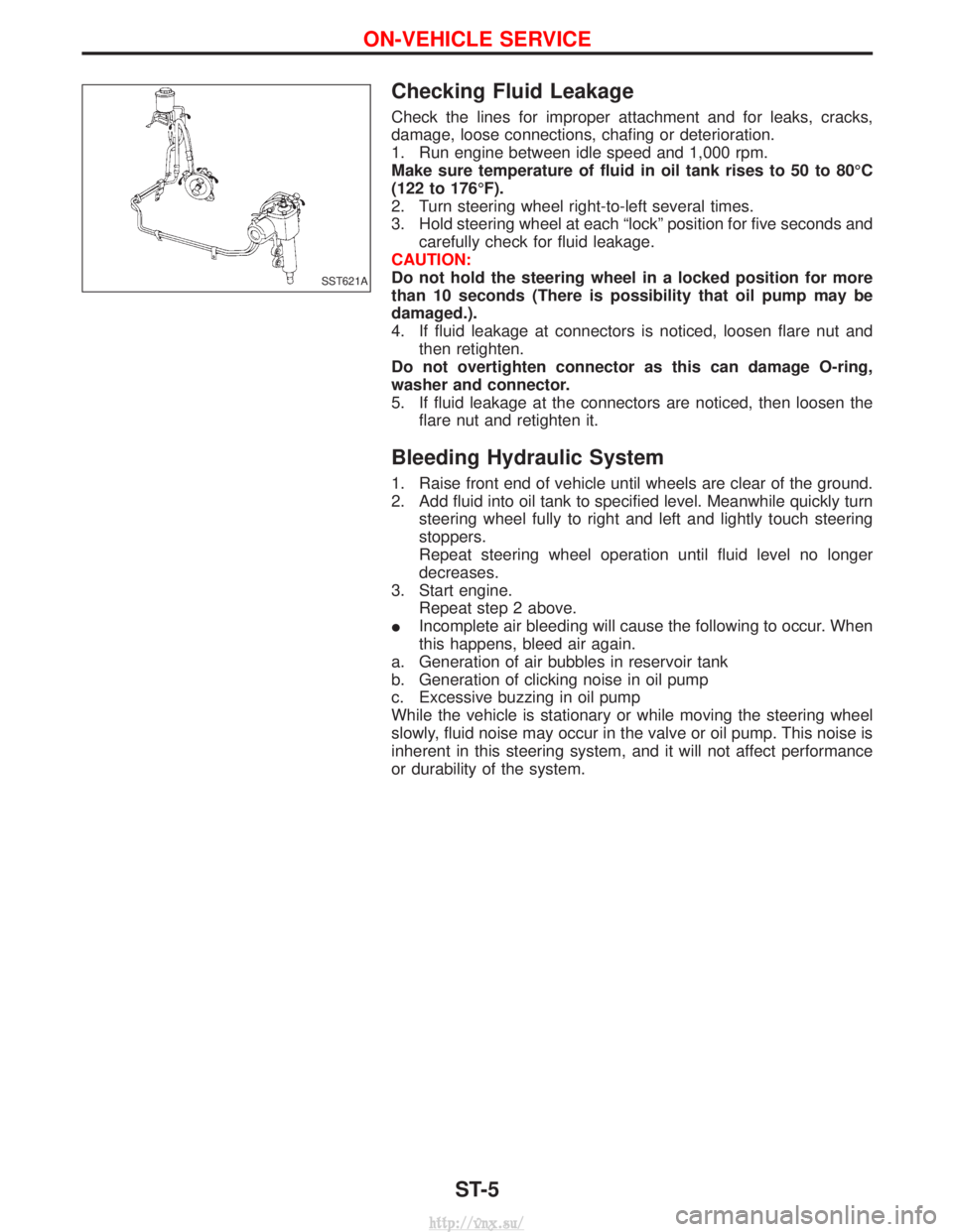 NISSAN TERRANO 2004 Service Repair Manual Checking Fluid Leakage
Check the lines for improper attachment and for leaks, cracks,
damage, loose connections, chafing or deterioration.
1. Run engine between idle speed and 1,000 rpm.
Make sure tem NISSAN TERRANO 2004 Service Repair Manual Checking Fluid Leakage
Check the lines for improper attachment and for leaks, cracks,
damage, loose connections, chafing or deterioration.
1. Run engine between idle speed and 1,000 rpm.
Make sure tem