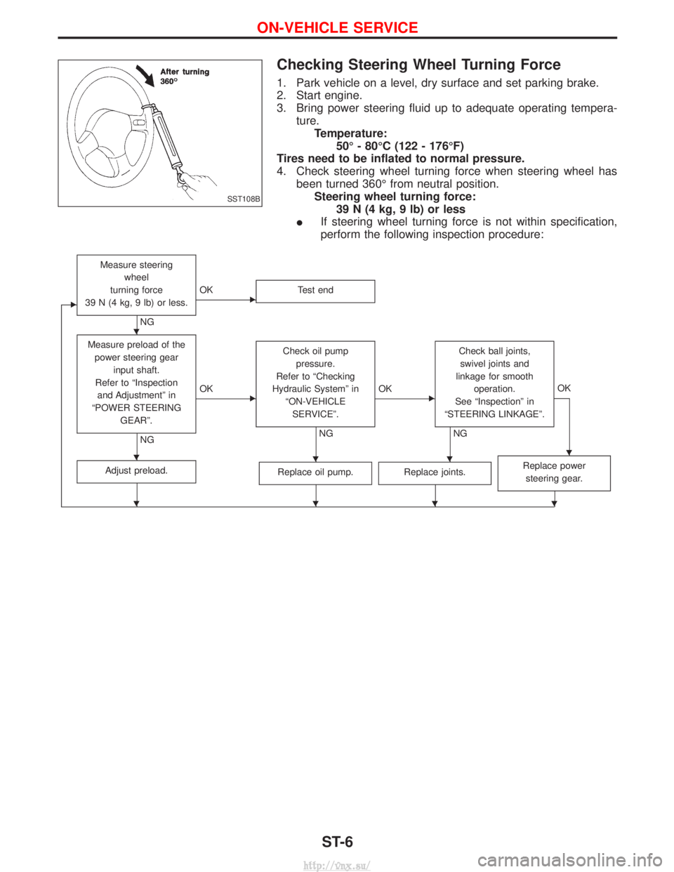 NISSAN TERRANO 2004 Service Repair Manual Checking Steering Wheel Turning Force
1. Park vehicle on a level, dry surface and set parking brake.
2. Start engine.
3. Bring power steering fluid up to adequate operating tempera-ture.Temperature: 5 NISSAN TERRANO 2004 Service Repair Manual Checking Steering Wheel Turning Force
1. Park vehicle on a level, dry surface and set parking brake.
2. Start engine.
3. Bring power steering fluid up to adequate operating tempera-ture.Temperature: 5