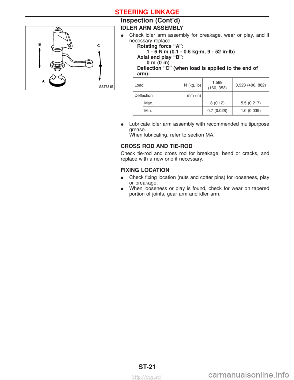 NISSAN TERRANO 2004 Service Repair Manual IDLER ARM ASSEMBLY
ICheck idler arm assembly for breakage, wear or play, and if
necessary replace.
Rotating force ªAº: 1-6N ×m (0.1 - 0.6 kg-m ,9-52in-lb)
Axial end play ªBº: 0m(0in)
Deflection  NISSAN TERRANO 2004 Service Repair Manual IDLER ARM ASSEMBLY
ICheck idler arm assembly for breakage, wear or play, and if
necessary replace.
Rotating force ªAº: 1-6N ×m (0.1 - 0.6 kg-m ,9-52in-lb)
Axial end play ªBº: 0m(0in)
Deflection Â