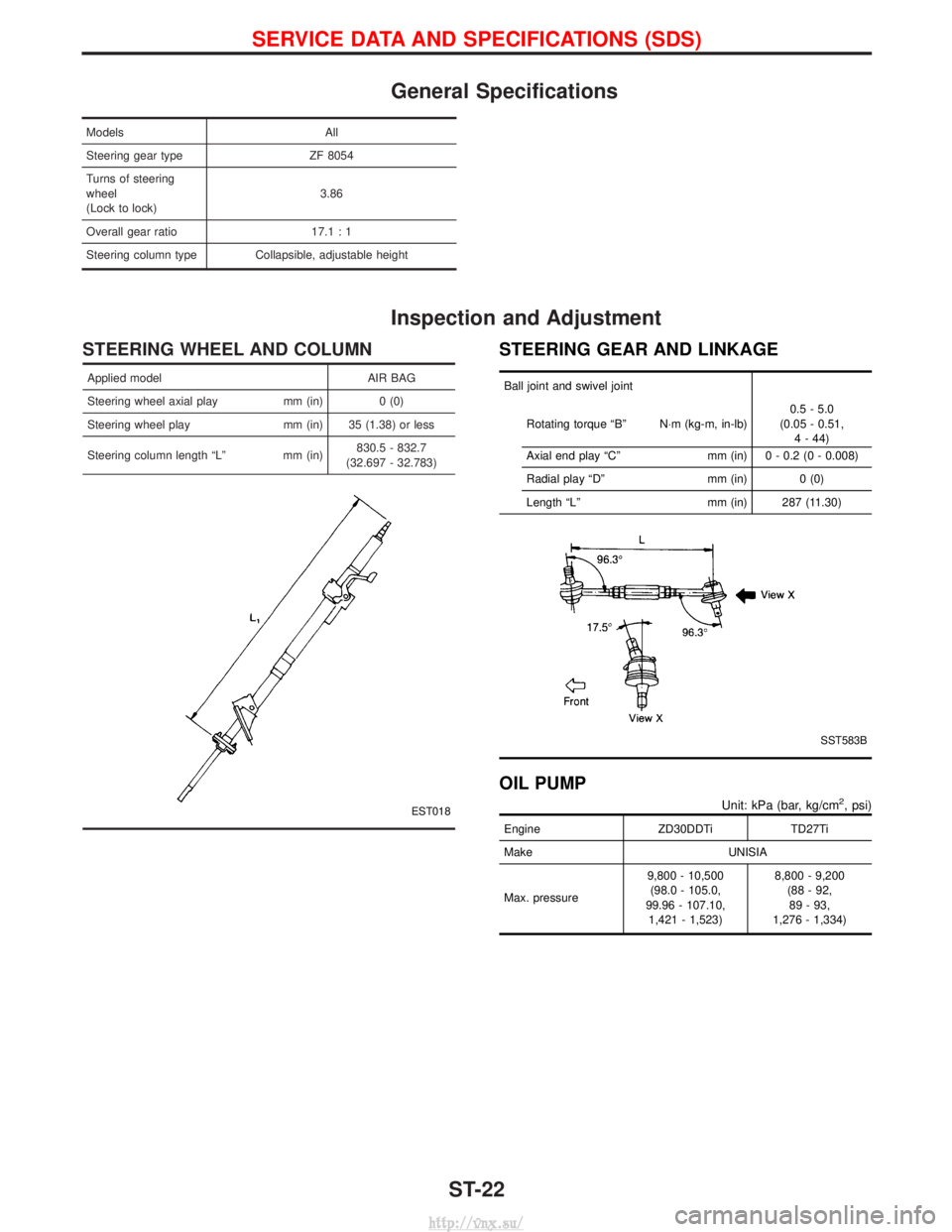 NISSAN TERRANO 2004 Service Repair Manual General Specifications
ModelsAll
Steering gear type ZF 8054
Turns of steering
wheel
(Lock to lock) 3.86
Overall gear ratio 17.1 : 1
Steering column type Collapsible, adjustable height
Inspection and A NISSAN TERRANO 2004 Service Repair Manual General Specifications
ModelsAll
Steering gear type ZF 8054
Turns of steering
wheel
(Lock to lock) 3.86
Overall gear ratio 17.1 : 1
Steering column type Collapsible, adjustable height
Inspection and A