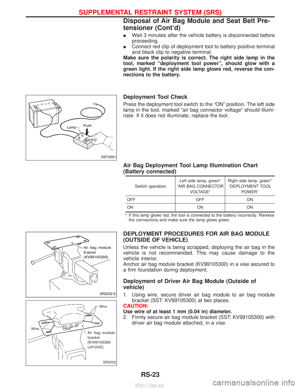 NISSAN TERRANO 2004  Service Repair Manual IWait 3 minutes after the vehicle battery is disconnected before
proceeding.
I Connect red clip of deployment tool to battery positive terminal
and black clip to negative terminal.
Make sure the polar
