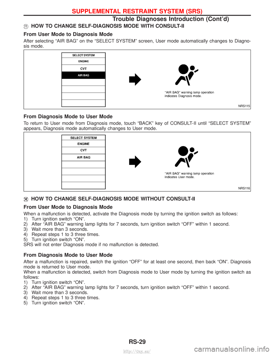NISSAN TERRANO 2004 Service Repair Manual HOW TO CHANGE SELF-DIAGNOSIS MODE WITH CONSULT-II
From User Mode to Diagnosis Mode
After selecting ªAIR BAGº on the ªSELECT SYSTEMº screen, User mode automatically changes to Diagno-
sis mode.
Fro NISSAN TERRANO 2004 Service Repair Manual HOW TO CHANGE SELF-DIAGNOSIS MODE WITH CONSULT-II
From User Mode to Diagnosis Mode
After selecting ªAIR BAGº on the ªSELECT SYSTEMº screen, User mode automatically changes to Diagno-
sis mode.
Fro