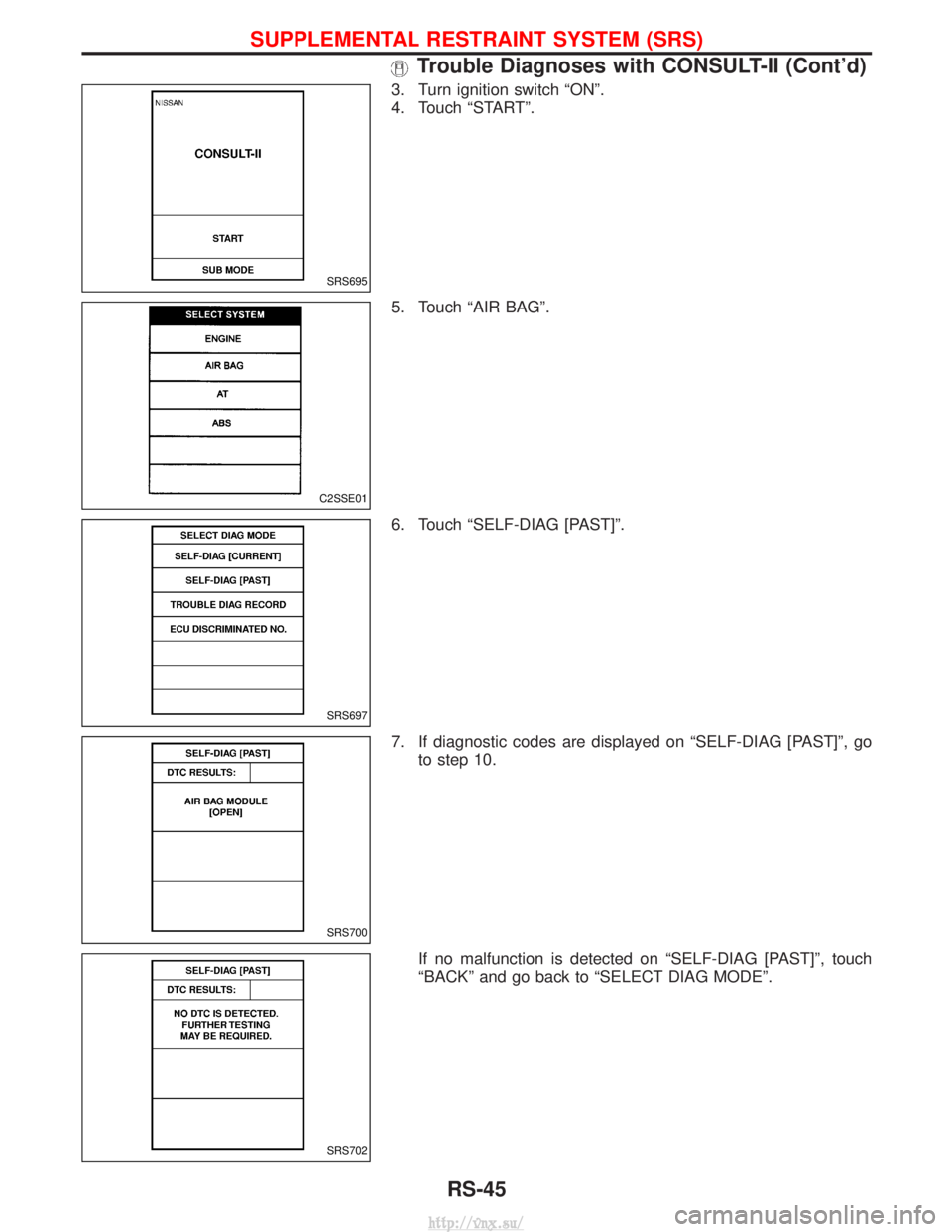 NISSAN TERRANO 2004  Service Repair Manual 3. Turn ignition switch ªONº.
4. Touch ªSTARTº.
5. Touch ªAIR BAGº.
6. Touch ªSELF-DIAG [PAST]º.
7. If diagnostic codes are displayed on ªSELF-DIAG [PAST]º, goto step 10.
If no malfunction i