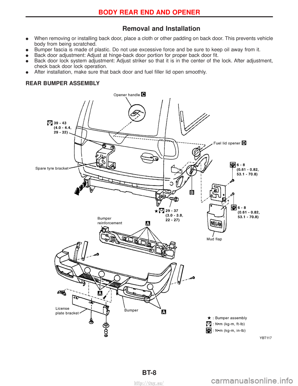 NISSAN TERRANO 2004  Service Repair Manual Removal and Installation
IWhen removing or installing back door, place a cloth or other padding on back door. This prevents vehicle
body from being scratched.
I Bumper fascia is made of plastic. Do no
