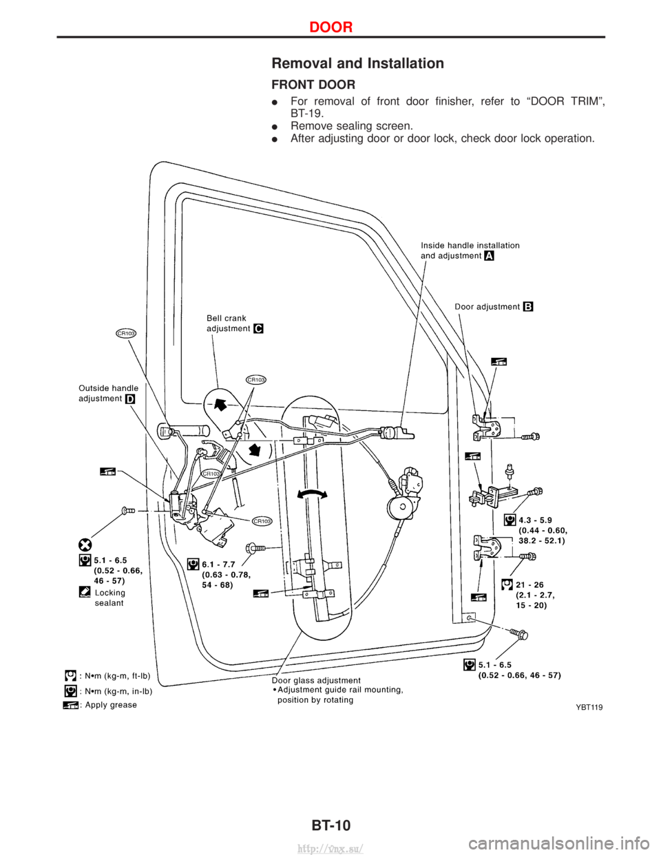 NISSAN TERRANO 2004  Service Repair Manual Removal and Installation
FRONT DOOR
IFor removal of front door finisher, refer to ªDOOR TRIMº,
BT-19.
I Remove sealing screen.
I After adjusting door or door lock, check door lock operation.
YBT119
