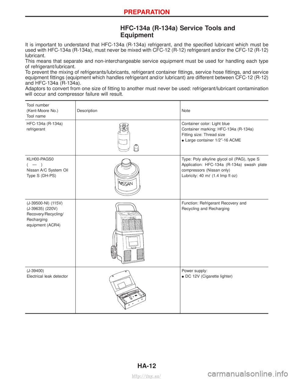 NISSAN TERRANO 2004  Service Repair Manual HFC-134a (R-134a) Service Tools and
Equipment
It is important to understand that HFC-134a (R-134a) refrigerant, and the specified lubricant which must be
used with HFC-134a (R-134a), must never be mix
