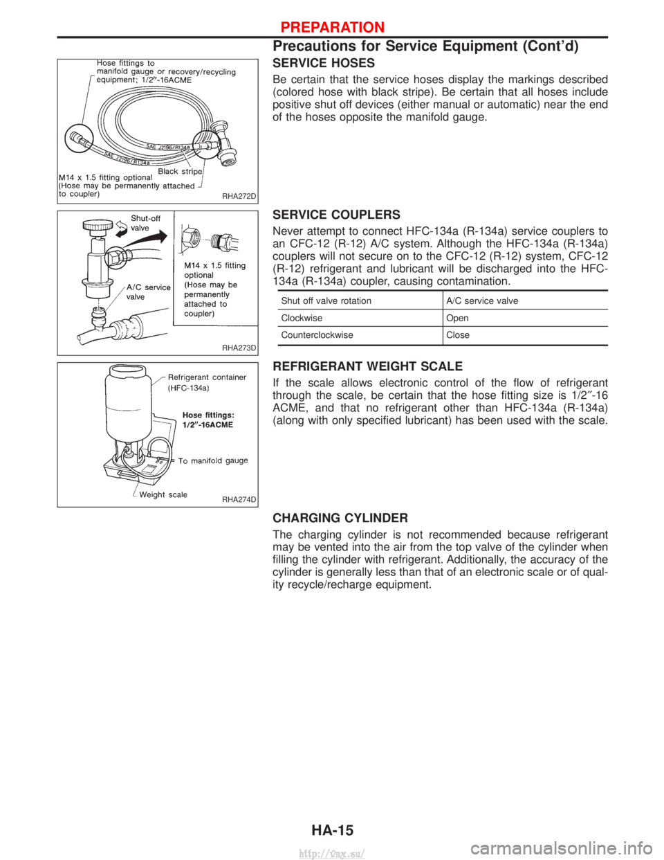 NISSAN TERRANO 2004 Service Repair Manual SERVICE HOSES
Be certain that the service hoses display the markings described
(colored hose with black stripe). Be certain that all hoses include
positive shut off devices (either manual or automatic NISSAN TERRANO 2004 Service Repair Manual SERVICE HOSES
Be certain that the service hoses display the markings described
(colored hose with black stripe). Be certain that all hoses include
positive shut off devices (either manual or automatic