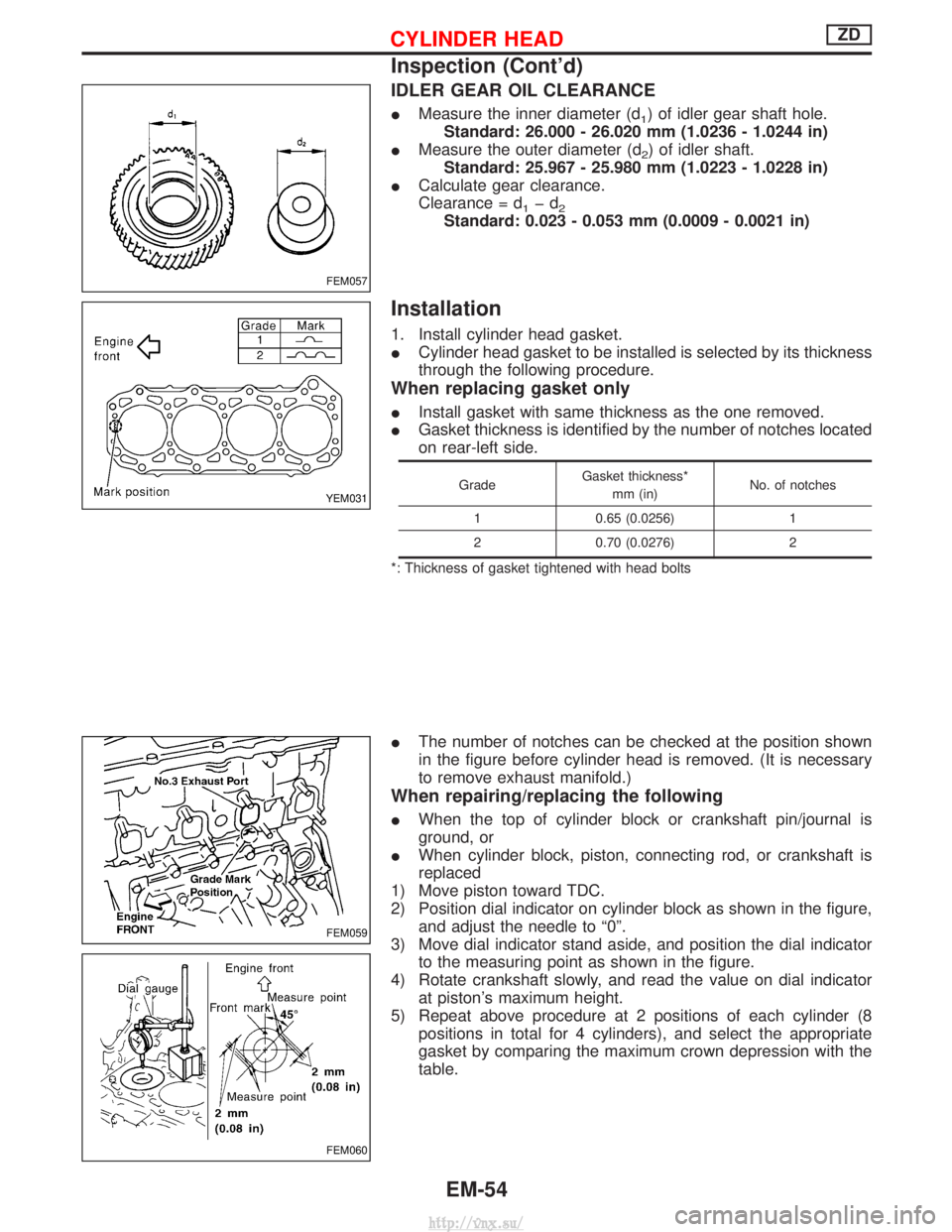 NISSAN TERRANO 2004 Service Repair Manual IDLER GEAR OIL CLEARANCE
IMeasure the inner diameter (d1) of idler gear shaft hole.
Standard: 26.000 - 26.020 mm (1.0236 - 1.0244 in)
I Measure the outer diameter (d
2) of idler shaft.
Standard: 25.96 NISSAN TERRANO 2004 Service Repair Manual IDLER GEAR OIL CLEARANCE
IMeasure the inner diameter (d1) of idler gear shaft hole.
Standard: 26.000 - 26.020 mm (1.0236 - 1.0244 in)
I Measure the outer diameter (d
2) of idler shaft.
Standard: 25.96