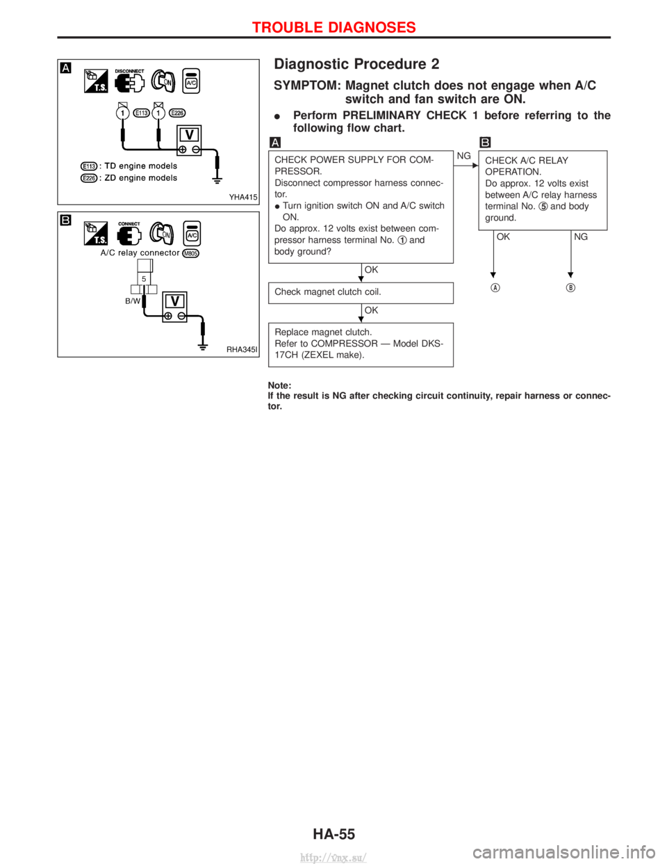 NISSAN TERRANO 2004 Service Repair Manual Diagnostic Procedure 2
SYMPTOM: Magnet clutch does not engage when A/Cswitch and fan switch are ON.
IPerform PRELIMINARY CHECK 1 before referring to the
following flow chart.
CHECK POWER SUPPLY FOR CO NISSAN TERRANO 2004 Service Repair Manual Diagnostic Procedure 2
SYMPTOM: Magnet clutch does not engage when A/Cswitch and fan switch are ON.
IPerform PRELIMINARY CHECK 1 before referring to the
following flow chart.
CHECK POWER SUPPLY FOR CO