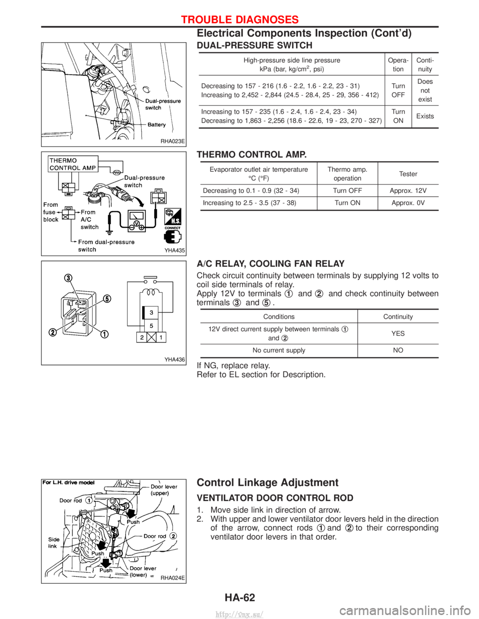 NISSAN TERRANO 2004 Service Repair Manual DUAL-PRESSURE SWITCH
High-pressure side line pressurekPa (bar, kg/cm2, psi) Opera-
tion Conti-
nuity
Decreasing to 157 - 216 (1.6 - 2.2, 1.6 - 2.2, 23 - 31)
Increasing to 2,452 - 2,844 (24.5 - 28.4, 2 NISSAN TERRANO 2004 Service Repair Manual DUAL-PRESSURE SWITCH
High-pressure side line pressurekPa (bar, kg/cm2, psi) Opera-
tion Conti-
nuity
Decreasing to 157 - 216 (1.6 - 2.2, 1.6 - 2.2, 23 - 31)
Increasing to 2,452 - 2,844 (24.5 - 28.4, 2