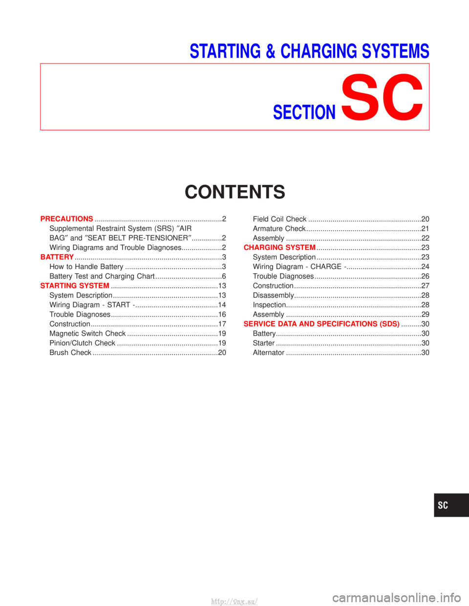 NISSAN TERRANO 2004 Service Repair Manual STARTING & CHARGING SYSTEMSSECTION
SC
CONTENTS
PRECAUTIONS ...............................................................2
Supplemental Restraint System (SRS) ²AIR
BAG² and²SEAT BELT PRE-TENSIONER NISSAN TERRANO 2004 Service Repair Manual STARTING & CHARGING SYSTEMSSECTION
SC
CONTENTS
PRECAUTIONS ...............................................................2
Supplemental Restraint System (SRS) ²AIR
BAG² and²SEAT BELT PRE-TENSIONER
