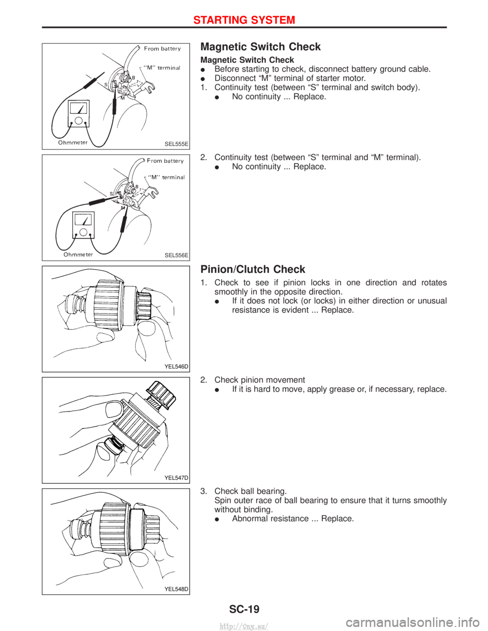 NISSAN TERRANO 2004  Service Repair Manual Magnetic Switch Check
Magnetic Switch Check
IBefore starting to check, disconnect battery ground cable.
I Disconnect ªMº terminal of starter motor.
1. Continuity test (between ªSº terminal and swi
