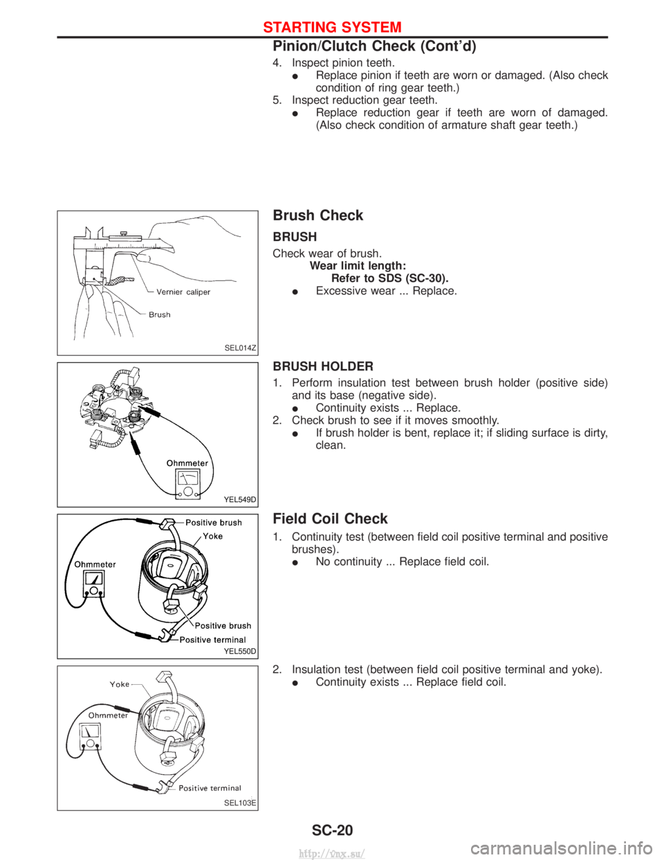 NISSAN TERRANO 2004  Service Repair Manual 4. Inspect pinion teeth.I Replace pinion if teeth are worn or damaged. (Also check
condition of ring gear teeth.)
5. Inspect reduction gear teeth. I Replace reduction gear if teeth are worn of damaged