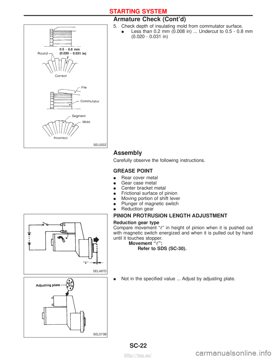 NISSAN TERRANO 2004  Service Repair Manual 5. Check depth of insulating mold from commutator surface.I Less than 0.2 mm (0.008 in) ... Undercut to 0.5 - 0.8 mm
(0.020 - 0.031 in)
Assembly
Carefully observe the following instructions.
GREASE PO
