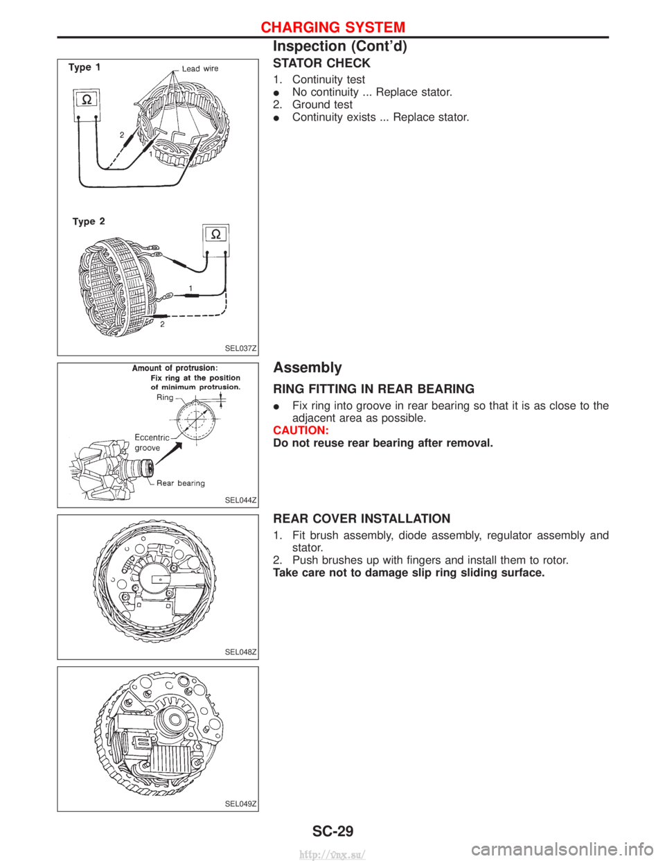NISSAN TERRANO 2004  Service Repair Manual STATOR CHECK
1. Continuity test
INo continuity ... Replace stator.
2. Ground test
I Continuity exists ... Replace stator.
Assembly
RING FITTING IN REAR BEARING
IFix ring into groove in rear bearing so