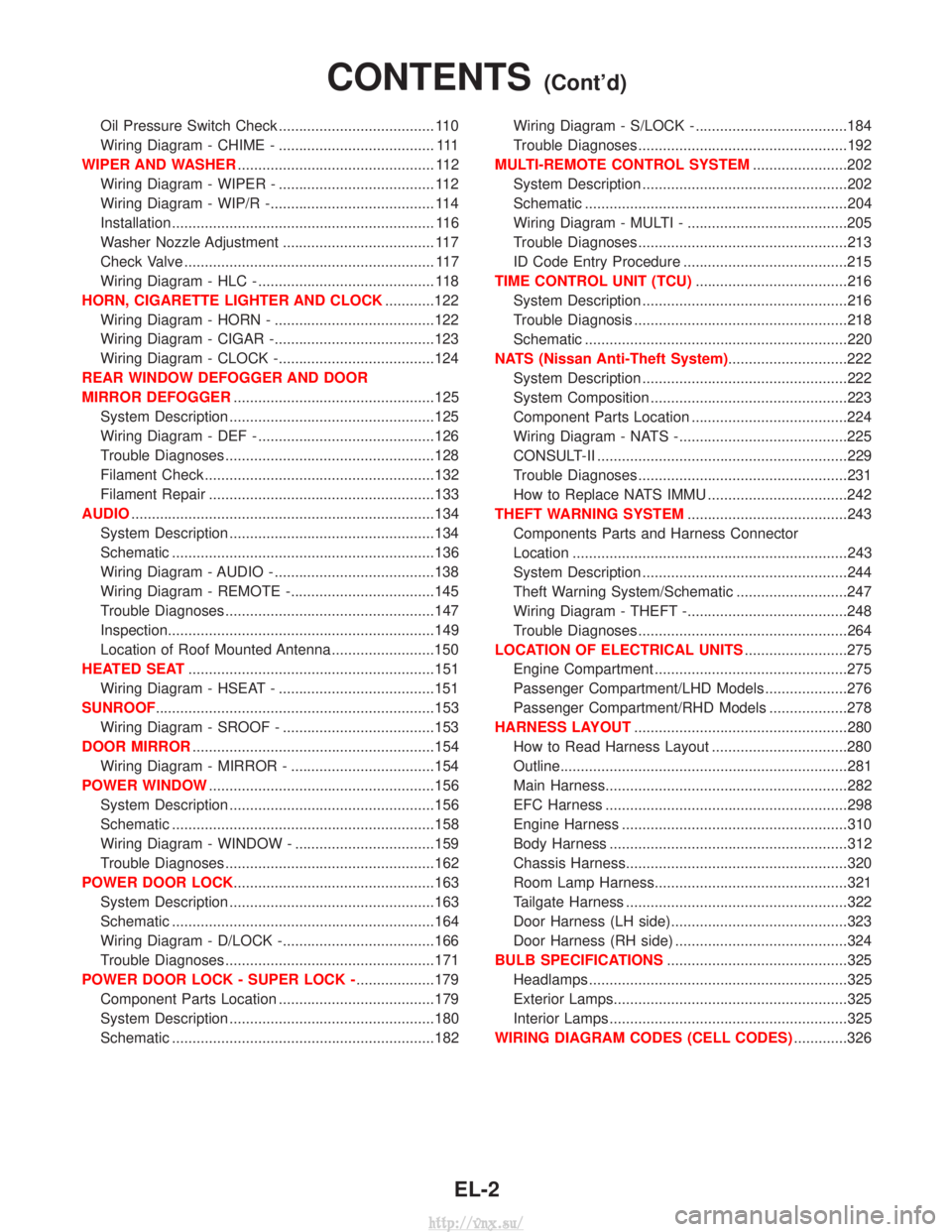 NISSAN TERRANO 2004  Service Repair Manual Oil Pressure Switch Check ...................................... 110
Wiring Diagram - CHIME - ...................................... 111
WIPER AND WASHER ..............................................