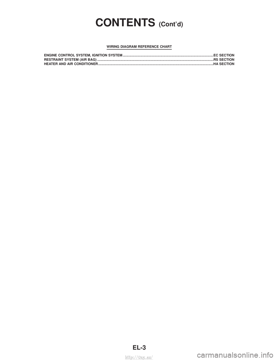 NISSAN TERRANO 2004  Service Repair Manual WIRING DIAGRAM REFERENCE CHART
ENGINE CONTROL SYSTEM, IGNITION SYSTEM ........................................................................\
........................EC SECTION
RESTRAINT SYSTEM (AIR