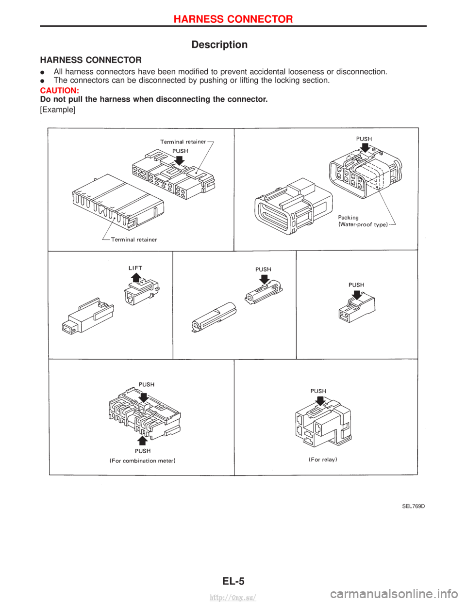 NISSAN TERRANO 2004  Service Repair Manual Description
HARNESS CONNECTOR
IAll harness connectors have been modified to prevent accidental looseness or disconnection.
I The connectors can be disconnected by pushing or lifting the locking sectio