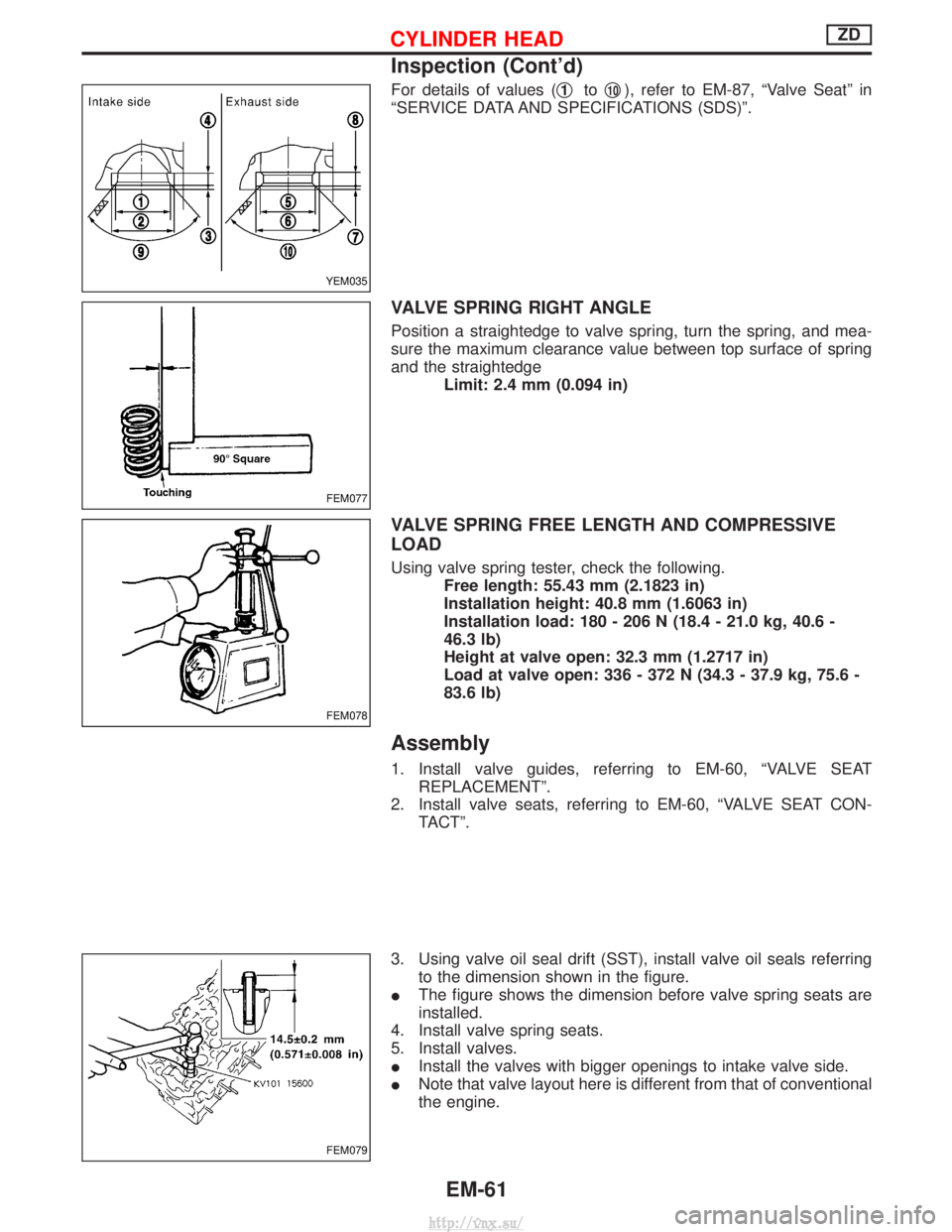 NISSAN TERRANO 2004 Service Repair Manual For details of values (q1toq10), refer to EM-87, ªValve Seatº in
ªSERVICE DATA AND SPECIFICATIONS (SDS)º.
VALVE SPRING RIGHT ANGLE
Position a straightedge to valve spring, turn the spring, and mea NISSAN TERRANO 2004 Service Repair Manual For details of values (q1toq10), refer to EM-87, ªValve Seatº in
ªSERVICE DATA AND SPECIFICATIONS (SDS)º.
VALVE SPRING RIGHT ANGLE
Position a straightedge to valve spring, turn the spring, and mea