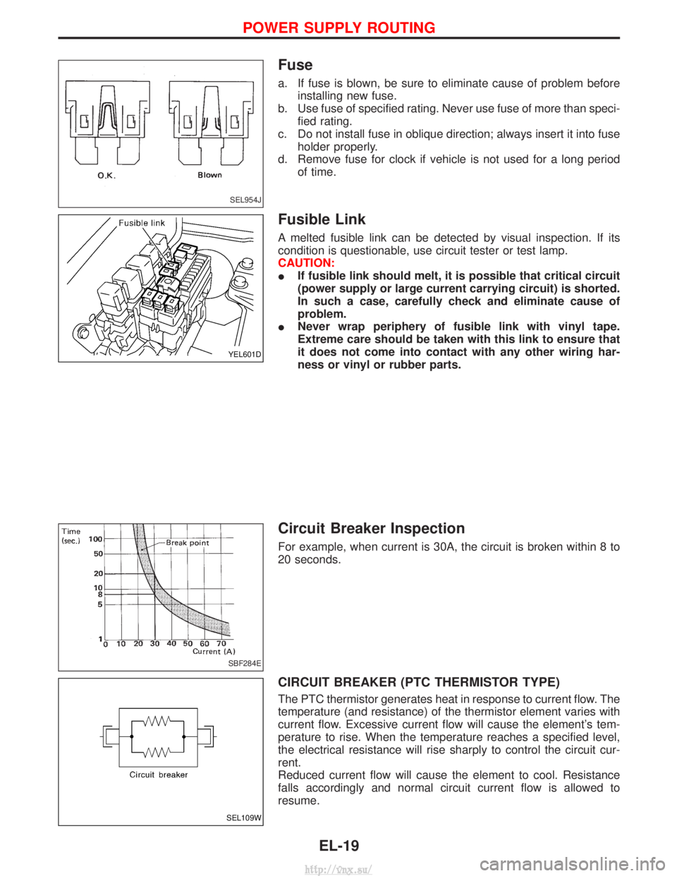 NISSAN TERRANO 2004  Service Repair Manual Fuse
a. If fuse is blown, be sure to eliminate cause of problem beforeinstalling new fuse.
b. Use fuse of specified rating. Never use fuse of more than speci- fied rating.
c. Do not install fuse in ob