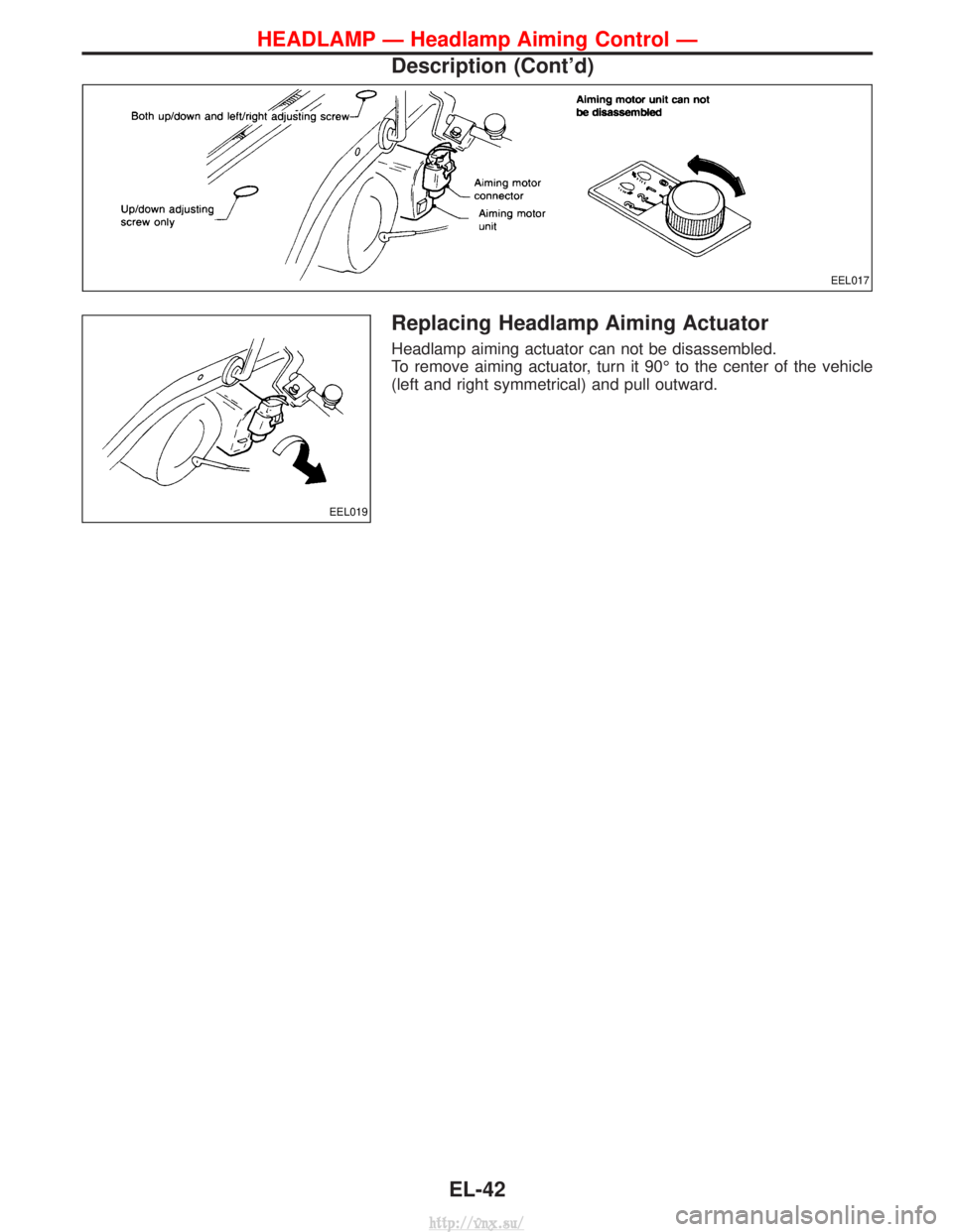 NISSAN TERRANO 2004  Service Repair Manual Replacing Headlamp Aiming Actuator
Headlamp aiming actuator can not be disassembled.
To remove aiming actuator, turn it 90É to the center of the vehicle
(left and right symmetrical) and pull outward.