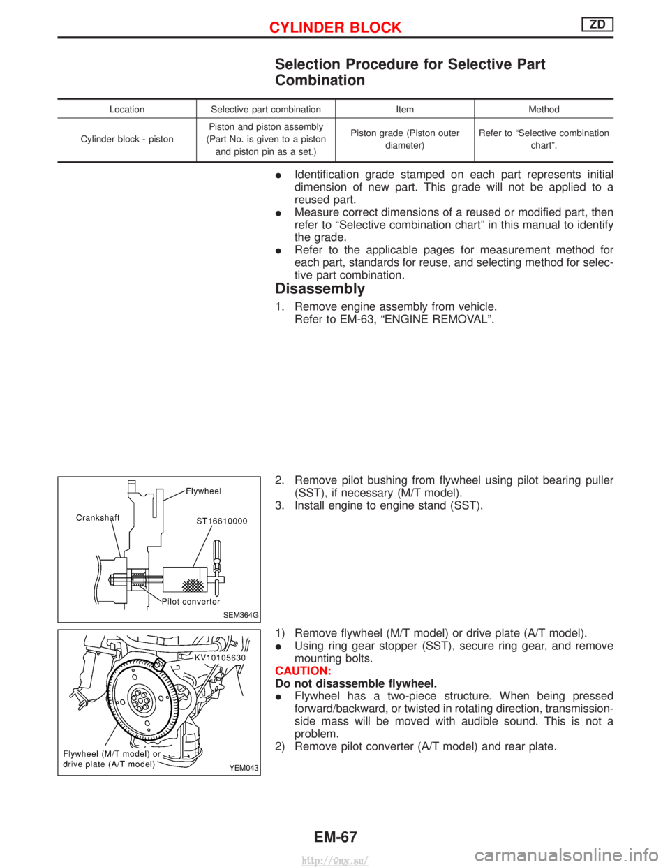NISSAN TERRANO 2004 Service Repair Manual Selection Procedure for Selective Part
Combination
LocationSelective part combination ItemMethod
Cylinder block - piston Piston and piston assembly
(Part No. is given to a piston and piston pin as a s NISSAN TERRANO 2004 Service Repair Manual Selection Procedure for Selective Part
Combination
LocationSelective part combination ItemMethod
Cylinder block - piston Piston and piston assembly
(Part No. is given to a piston and piston pin as a s