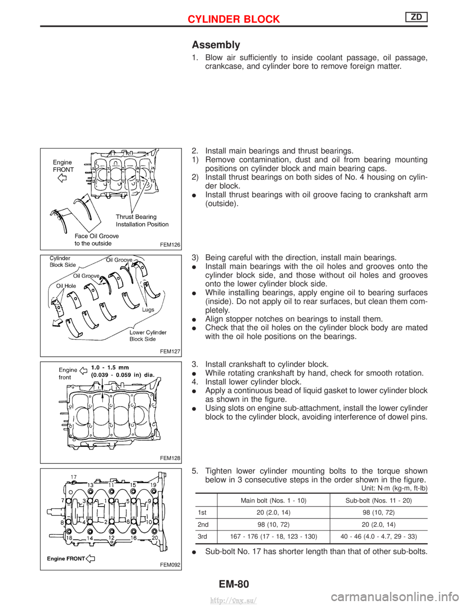 NISSAN TERRANO 2004 Service Repair Manual Assembly
1. Blow air sufficiently to inside coolant passage, oil passage,crankcase, and cylinder bore to remove foreign matter.
2. Install main bearings and thrust bearings.
1) Remove contamination, d NISSAN TERRANO 2004 Service Repair Manual Assembly
1. Blow air sufficiently to inside coolant passage, oil passage,crankcase, and cylinder bore to remove foreign matter.
2. Install main bearings and thrust bearings.
1) Remove contamination, d