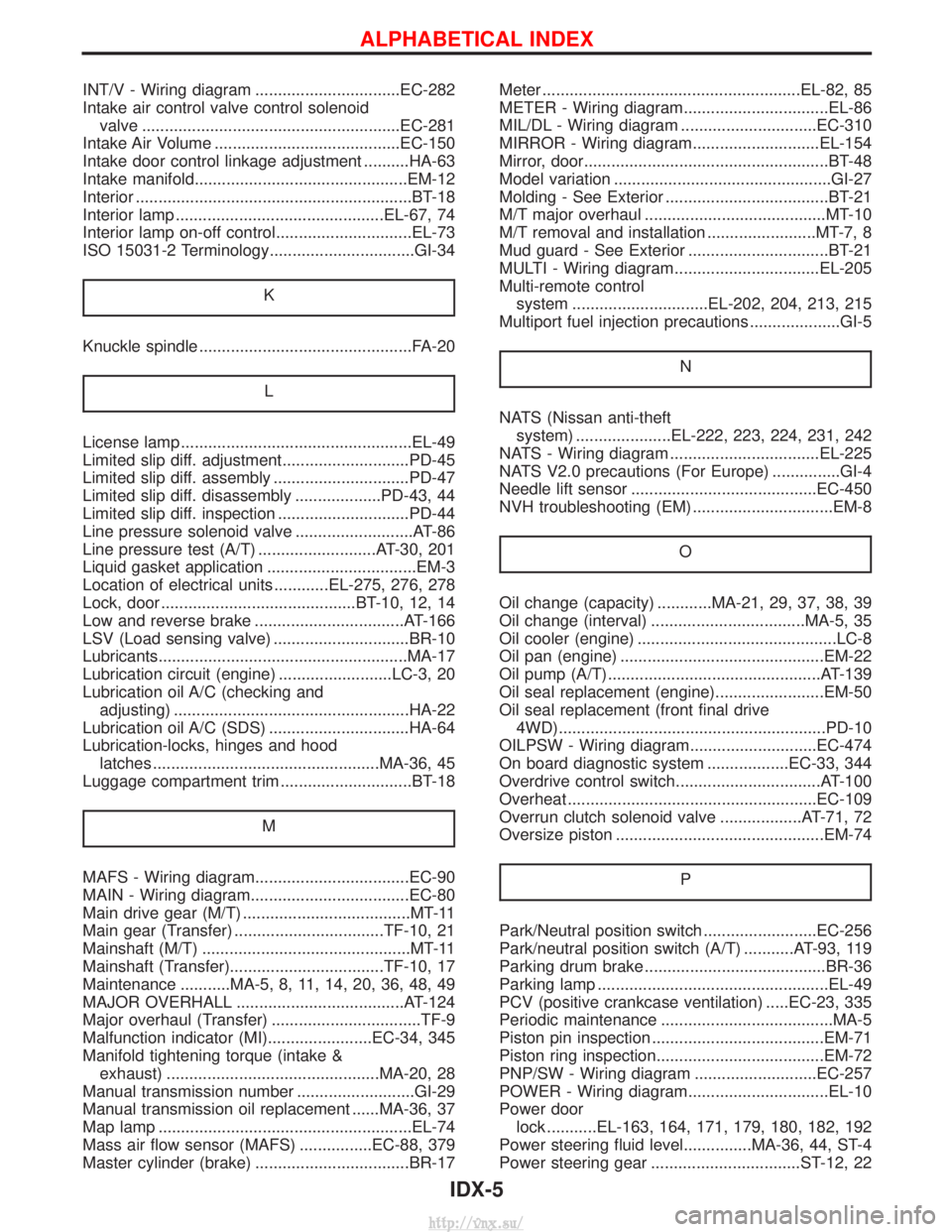 NISSAN TERRANO 2004 Service Repair Manual INT/V - Wiring diagram ................................EC-282
Intake air control valve control solenoidvalve .........................................................EC-281
Intake Air Volume ......... NISSAN TERRANO 2004 Service Repair Manual INT/V - Wiring diagram ................................EC-282
Intake air control valve control solenoidvalve .........................................................EC-281
Intake Air Volume .........