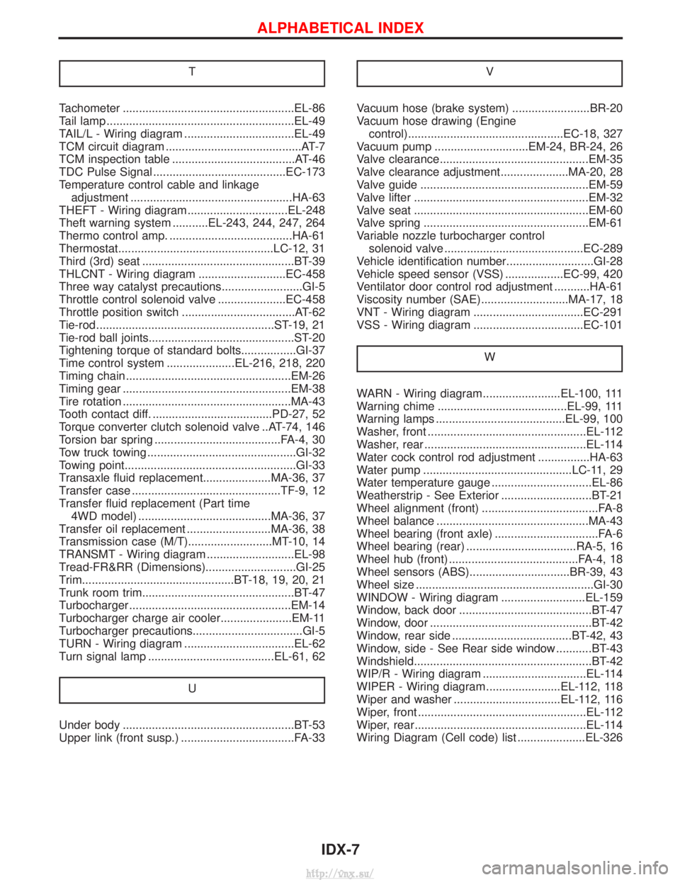 NISSAN TERRANO 2004  Service Repair Manual T
Tachometer .....................................................EL-86
Tail lamp ..........................................................EL-49
TAIL/L - Wiring diagram ..............................