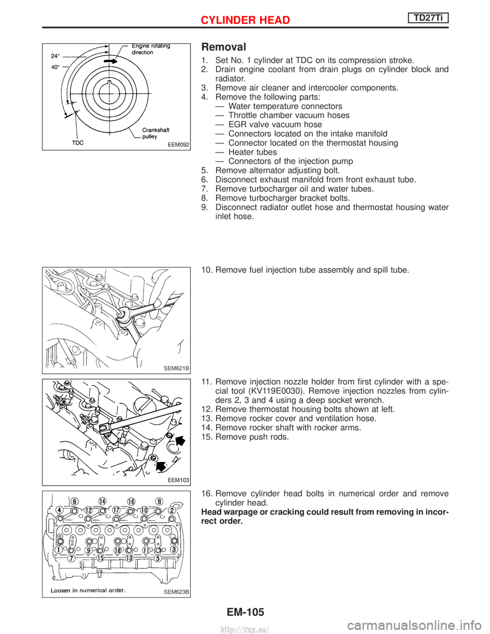 NISSAN TERRANO 2004 Service Repair Manual Removal
1. Set No. 1 cylinder at TDC on its compression stroke.
2. Drain engine coolant from drain plugs on cylinder block andradiator.
3. Remove air cleaner and intercooler components.
4. Remove the NISSAN TERRANO 2004 Service Repair Manual Removal
1. Set No. 1 cylinder at TDC on its compression stroke.
2. Drain engine coolant from drain plugs on cylinder block andradiator.
3. Remove air cleaner and intercooler components.
4. Remove the