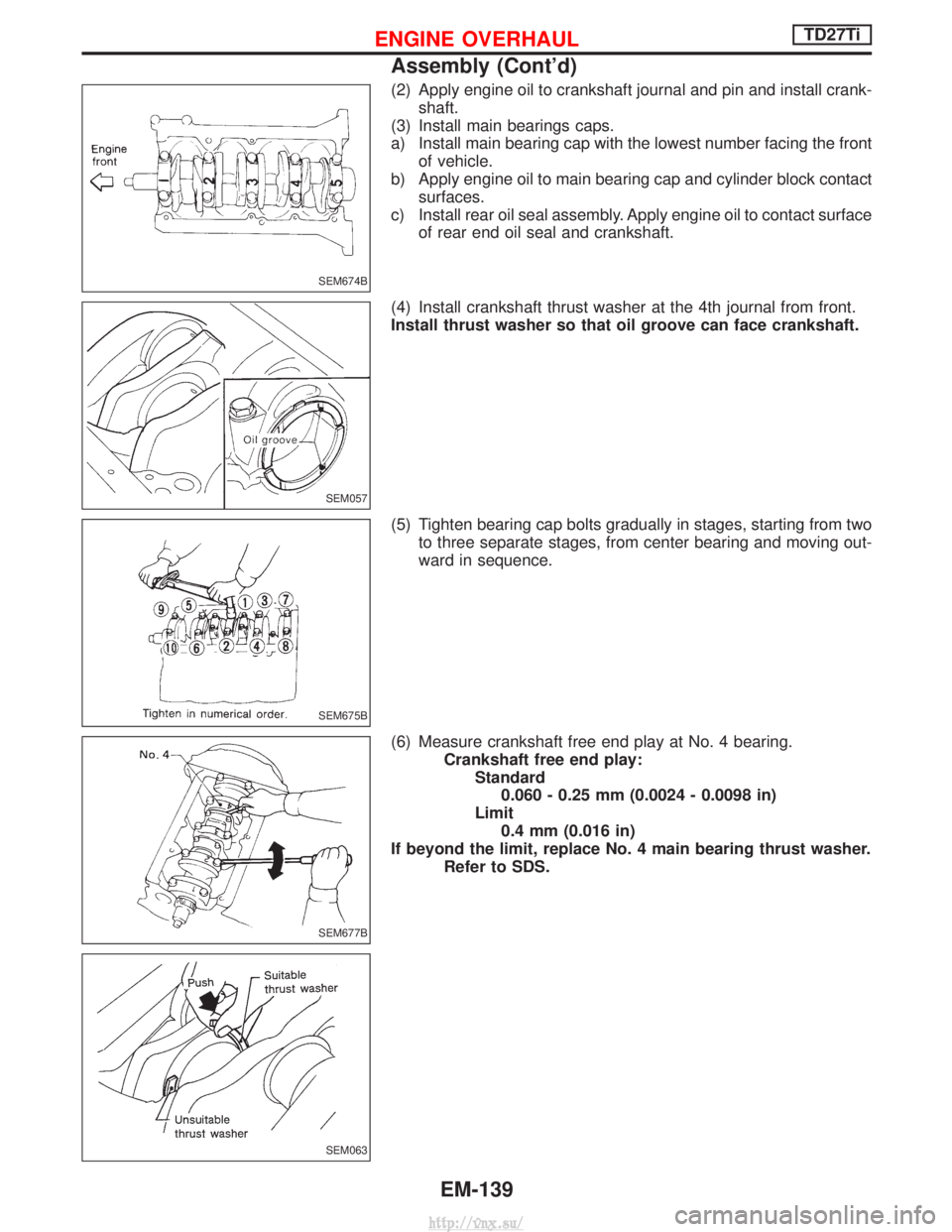NISSAN TERRANO 2004 Service Repair Manual (2) Apply engine oil to crankshaft journal and pin and install crank-shaft.
(3) Install main bearings caps.
a) Install main bearing cap with the lowest number facing the front of vehicle.
b) Apply eng NISSAN TERRANO 2004 Service Repair Manual (2) Apply engine oil to crankshaft journal and pin and install crank-shaft.
(3) Install main bearings caps.
a) Install main bearing cap with the lowest number facing the front of vehicle.
b) Apply eng