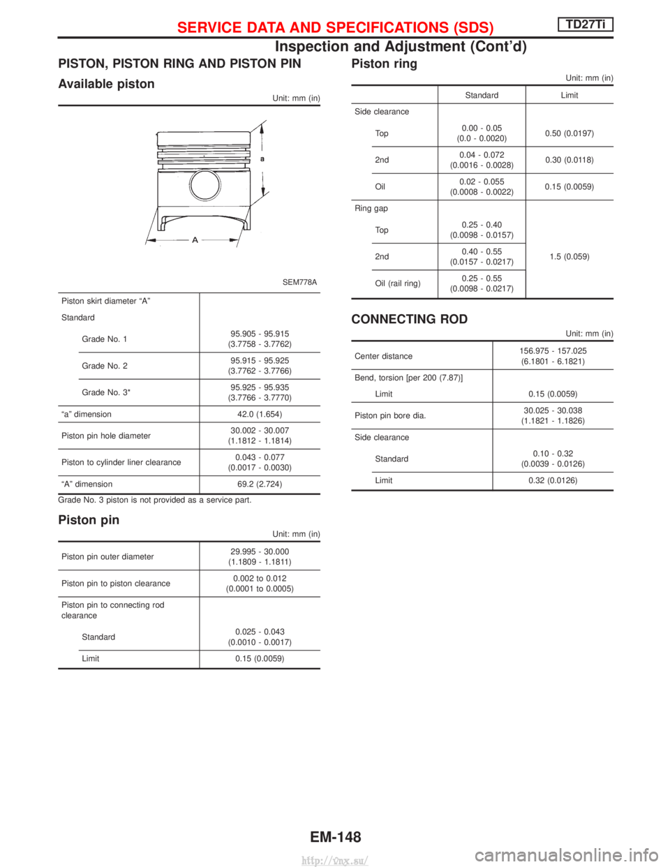 NISSAN TERRANO 2004 Service Repair Manual PISTON, PISTON RING AND PISTON PIN
Available piston
Unit: mm (in)
SEM778A
Piston skirt diameter ªAº
StandardGrade No. 1 95.905 - 95.915
(3.7758 - 3.7762)
Grade No. 2 95.915 - 95.925
(3.7762 - 3.7766 NISSAN TERRANO 2004 Service Repair Manual PISTON, PISTON RING AND PISTON PIN
Available piston
Unit: mm (in)
SEM778A
Piston skirt diameter ªAº
StandardGrade No. 1 95.905 - 95.915
(3.7758 - 3.7762)
Grade No. 2 95.915 - 95.925
(3.7762 - 3.7766