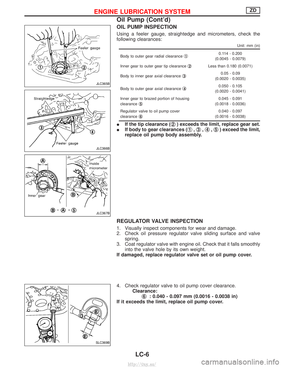 NISSAN TERRANO 2004  Service Repair Manual OIL PUMP INSPECTION
Using a feeler gauge, straightedge and micrometers, check the
following clearances:
Unit: mm (in)
Body to outer gear radial clearanceq10.114 - 0.200
(0.0045 - 0.0079)
Inner gear to