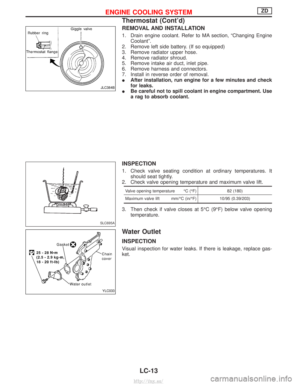 NISSAN TERRANO 2004  Service Repair Manual REMOVAL AND INSTALLATION
1. Drain engine coolant. Refer to MA section, ªChanging EngineCoolantº.
2. Remove left side battery. (If so equipped)
3. Remove radiator upper hose.
4. Remove radiator shrou