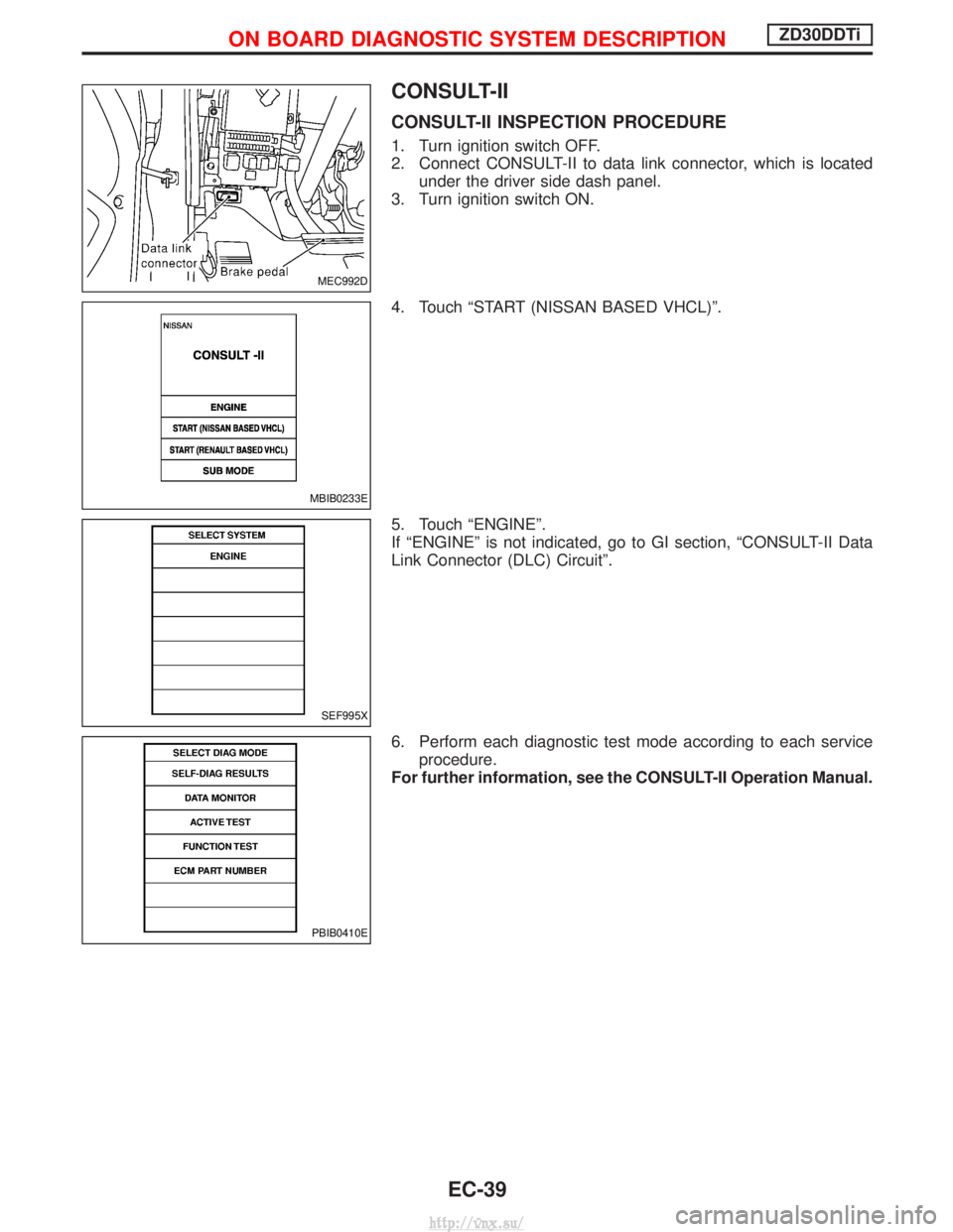 NISSAN TERRANO 2004 Service Repair Manual CONSULT-II
CONSULT-II INSPECTION PROCEDURE
1. Turn ignition switch OFF.
2. Connect CONSULT-II to data link connector, which is locatedunder the driver side dash panel.
3. Turn ignition switch ON.
4. T NISSAN TERRANO 2004 Service Repair Manual CONSULT-II
CONSULT-II INSPECTION PROCEDURE
1. Turn ignition switch OFF.
2. Connect CONSULT-II to data link connector, which is locatedunder the driver side dash panel.
3. Turn ignition switch ON.
4. T