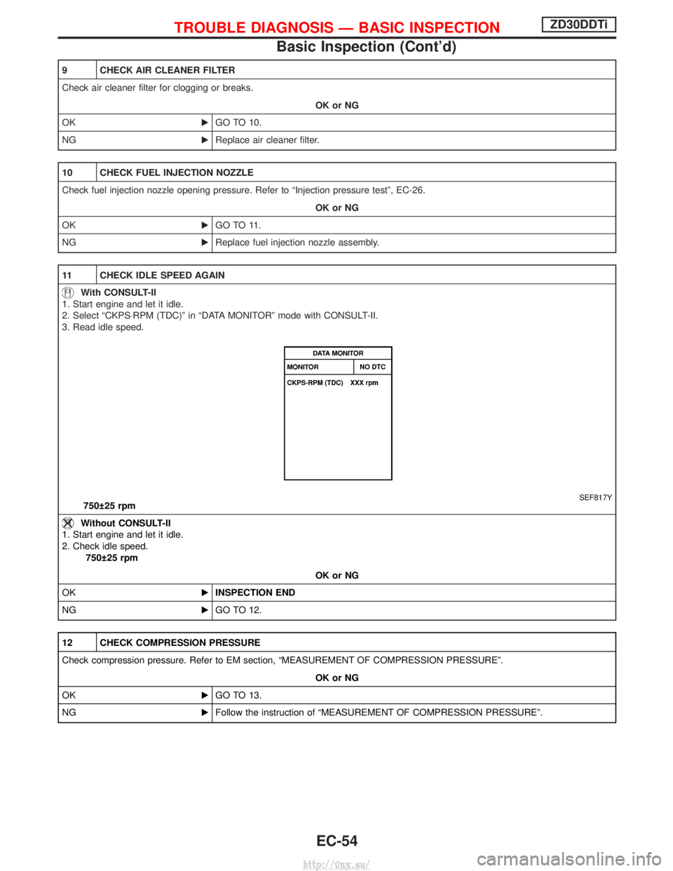 NISSAN TERRANO 2004 Service Repair Manual 9 CHECK AIR CLEANER FILTER
Check air cleaner filter for clogging or breaks.OK or NG
OK EGO TO 10.
NG EReplace air cleaner filter.
10 CHECK FUEL INJECTION NOZZLE
Check fuel injection nozzle opening pre NISSAN TERRANO 2004 Service Repair Manual 9 CHECK AIR CLEANER FILTER
Check air cleaner filter for clogging or breaks.OK or NG
OK EGO TO 10.
NG EReplace air cleaner filter.
10 CHECK FUEL INJECTION NOZZLE
Check fuel injection nozzle opening pre