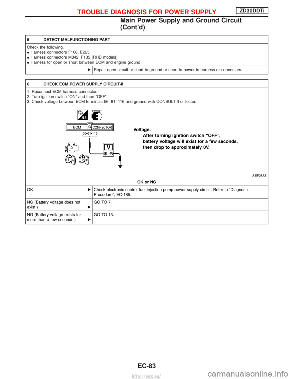 NISSAN TERRANO 2004 Service Repair Manual 5 DETECT MALFUNCTIONING PART
Check the following.
IHarness connectors F108, E225
I Harness connectors M842, F135 (RHD models)
I Harness for open or short between ECM and engine ground
ERepair open cir NISSAN TERRANO 2004 Service Repair Manual 5 DETECT MALFUNCTIONING PART
Check the following.
IHarness connectors F108, E225
I Harness connectors M842, F135 (RHD models)
I Harness for open or short between ECM and engine ground
ERepair open cir