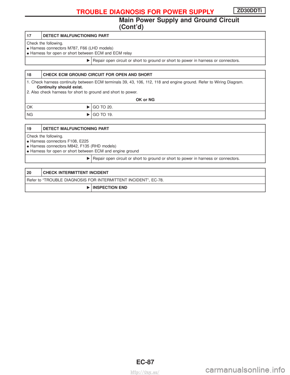 NISSAN TERRANO 2004 Service Repair Manual 17 DETECT MALFUNCTIONING PART
Check the following.
IHarness connectors M787, F66 (LHD models)
I Harness for open or short between ECM and ECM relay
ERepair open circuit or short to ground or short to NISSAN TERRANO 2004 Service Repair Manual 17 DETECT MALFUNCTIONING PART
Check the following.
IHarness connectors M787, F66 (LHD models)
I Harness for open or short between ECM and ECM relay
ERepair open circuit or short to ground or short to