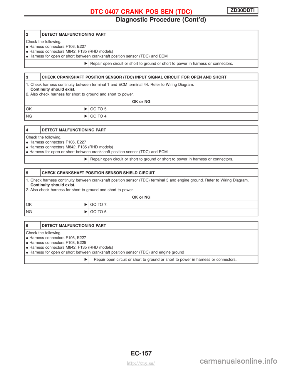 NISSAN TERRANO 2004 Service Repair Manual 2 DETECT MALFUNCTIONING PART
Check the following.
IHarness connectors F106, E227
I Harness connectors M842, F135 (RHD models)
I Harness for open or short between crankshaft position sensor (TDC) and E NISSAN TERRANO 2004 Service Repair Manual 2 DETECT MALFUNCTIONING PART
Check the following.
IHarness connectors F106, E227
I Harness connectors M842, F135 (RHD models)
I Harness for open or short between crankshaft position sensor (TDC) and E