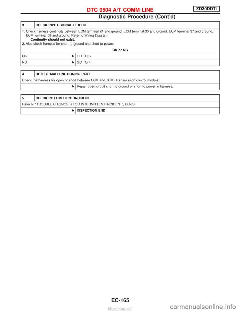 NISSAN TERRANO 2004  Service Repair Manual 3 CHECK INPUT SIGNAL CIRCUIT
1. Check harness continuity between ECM terminal 24 and ground, ECM terminal 30 and ground, ECM terminal 37 and ground,ECM terminal 58 and ground. Refer to Wiring Diagram.